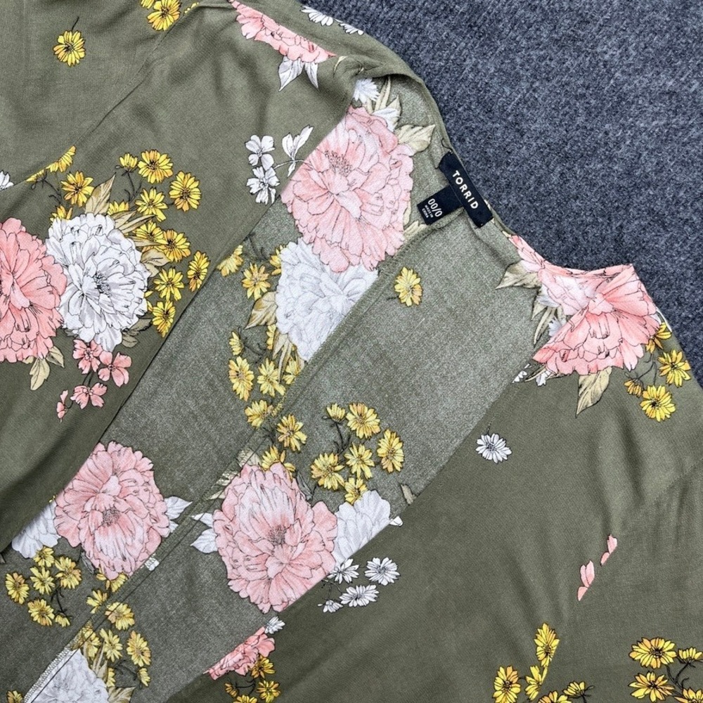 Torrid Floral Kimono Cardigan Olive Green Pink Rayon Size 00/0 Large Boho Y2K